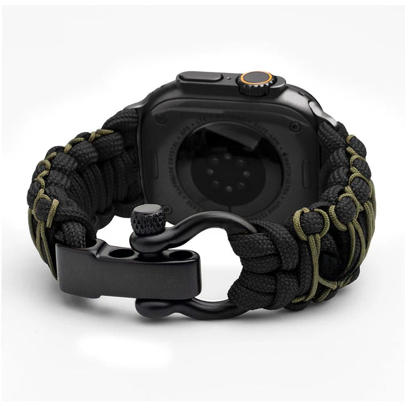 Bracelet en paracorde noir et kaki, boucle métal noire, pour Apple Watch, style robuste et ajustable.