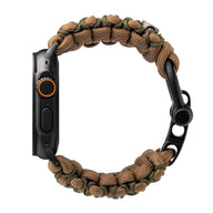 Bracelet en paracorde kaki et noir, style tressé, robuste et ajustable, pour Apple Watch.