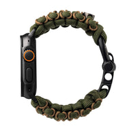 Bracelet en paracorde kaki et noir tressé, ajustable, pour Apple Watch modèle Bakari, style robuste et waterproof.