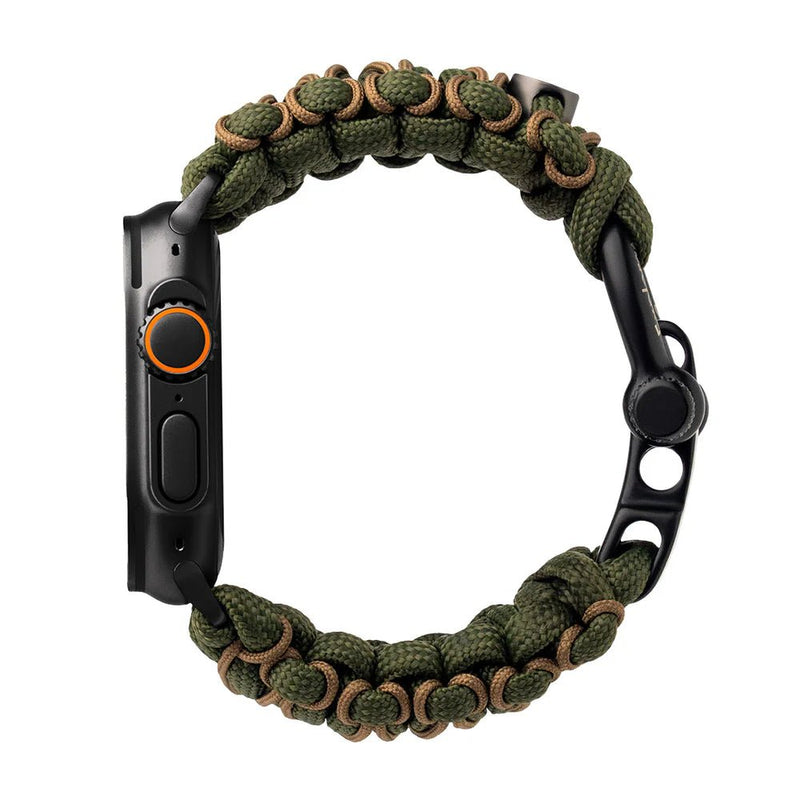 Bracelet en paracorde kaki et noir tressé, ajustable, pour Apple Watch modèle Bakari, style robuste et waterproof.