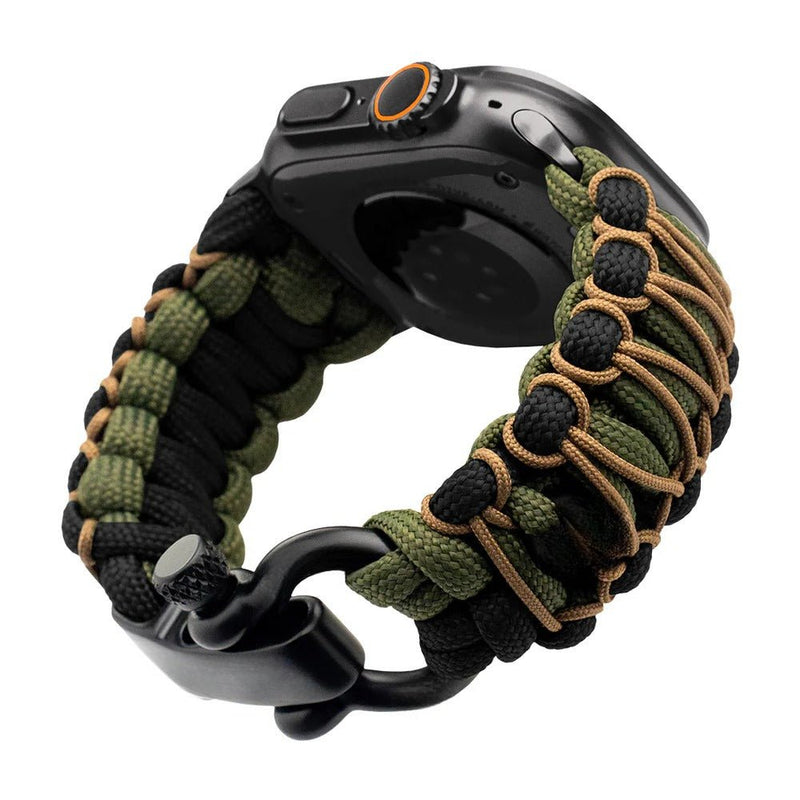 Bracelet en paracorde kaki et noir tressé, boucle métallique noire, pour Apple Watch, modèle Bakari.
