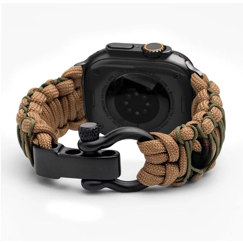 Bracelet en paracorde beige et kaki tressé pour Apple Watch, boucle noire métallique robuste.