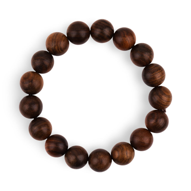 Bracelet élastique avec perles rondes en bois de rose marron foncé, fini lisse et brillant.