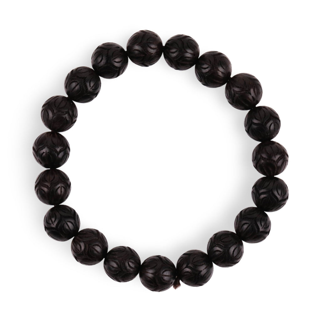 Bracelet élastique en perles rondes de bois d'ébène noir lisse pour homme ou femme.