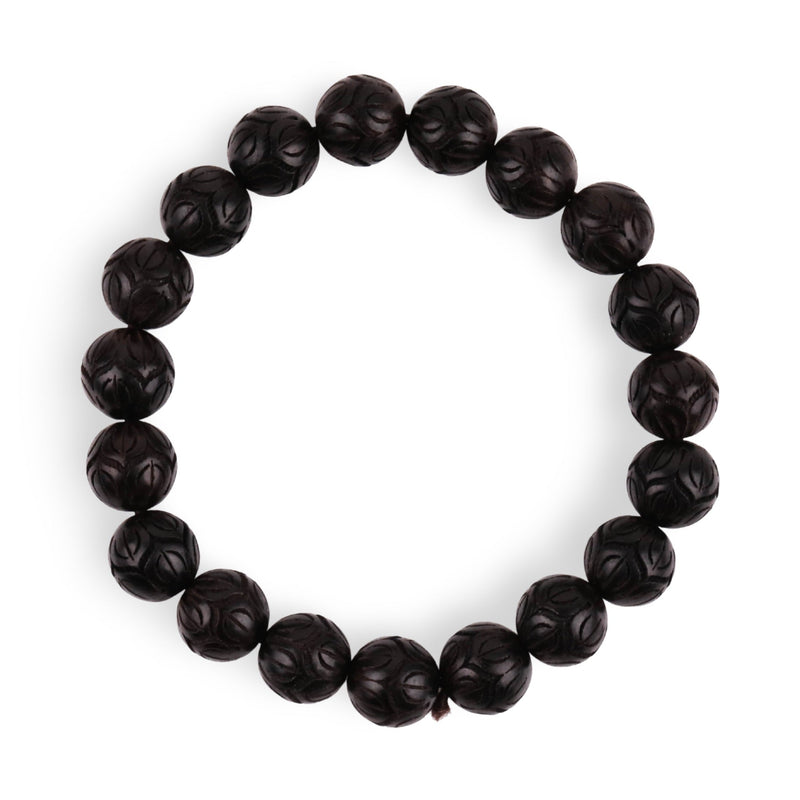 Bracelet élastique en perles rondes de bois d'ébène noir lisse pour homme ou femme.