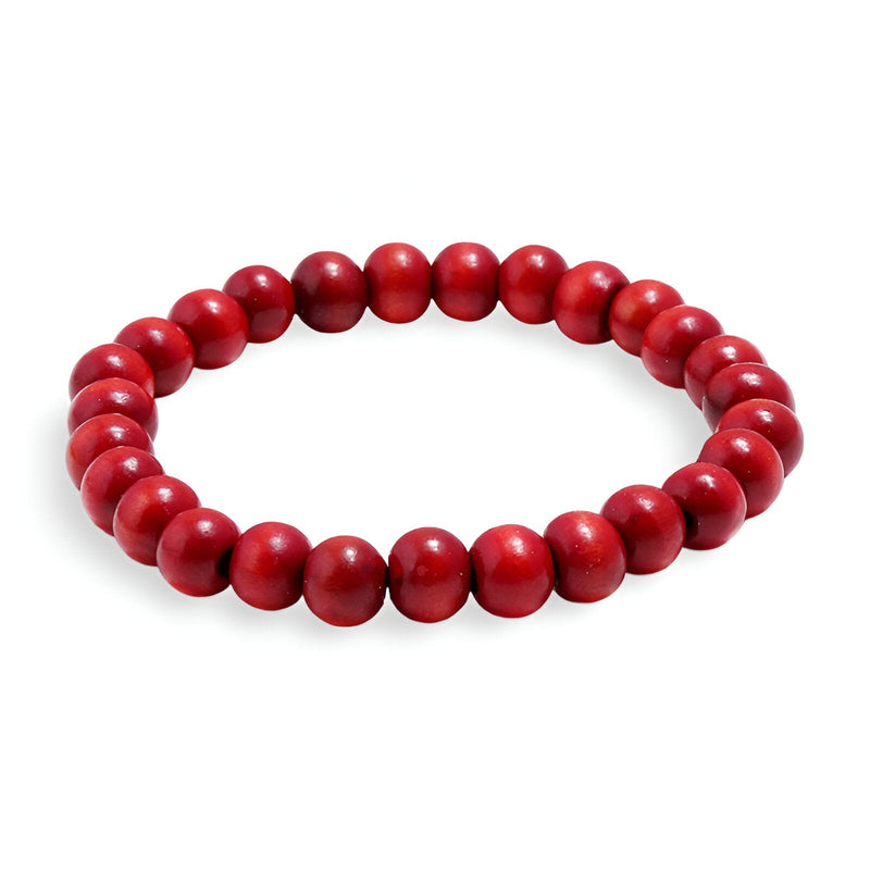 Bracelet mixte en perles rondes en bois laqué rouge, design simple et élégant.