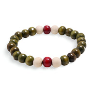 Bracelet mixte perles de bois vert olive, rouge et beige, modèle Solal, style naturel et élégant.