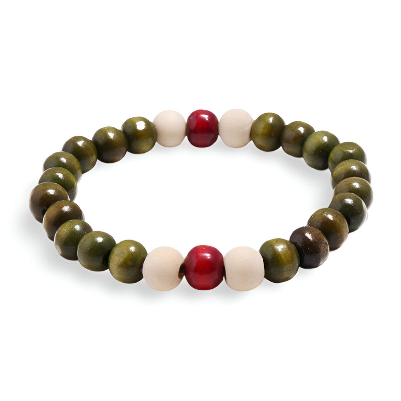 Bracelet mixte perles de bois vert olive, rouge et beige, modèle Solal, style naturel et élégant.