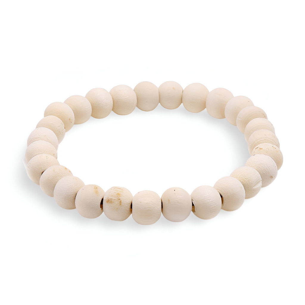 Bracelet mixte en perles de bois naturel clair, finition lisse et ronde.