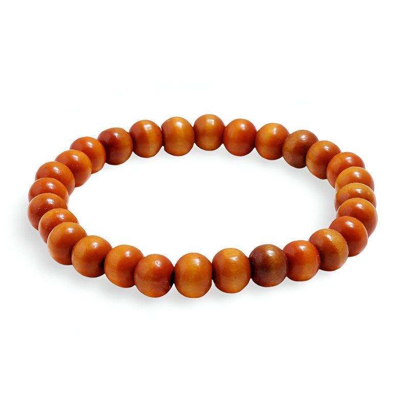 Bracelet mixte en perles rondes de bois couleur marron clair, élastique.