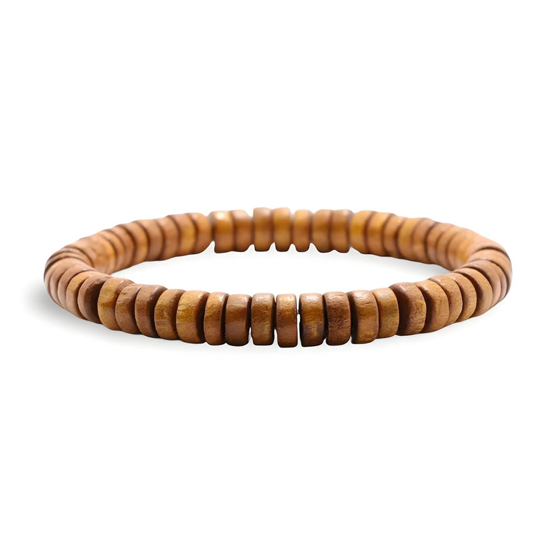 Bracelet en perles rondes de bois marron clair, style naturel, élastique pour homme.