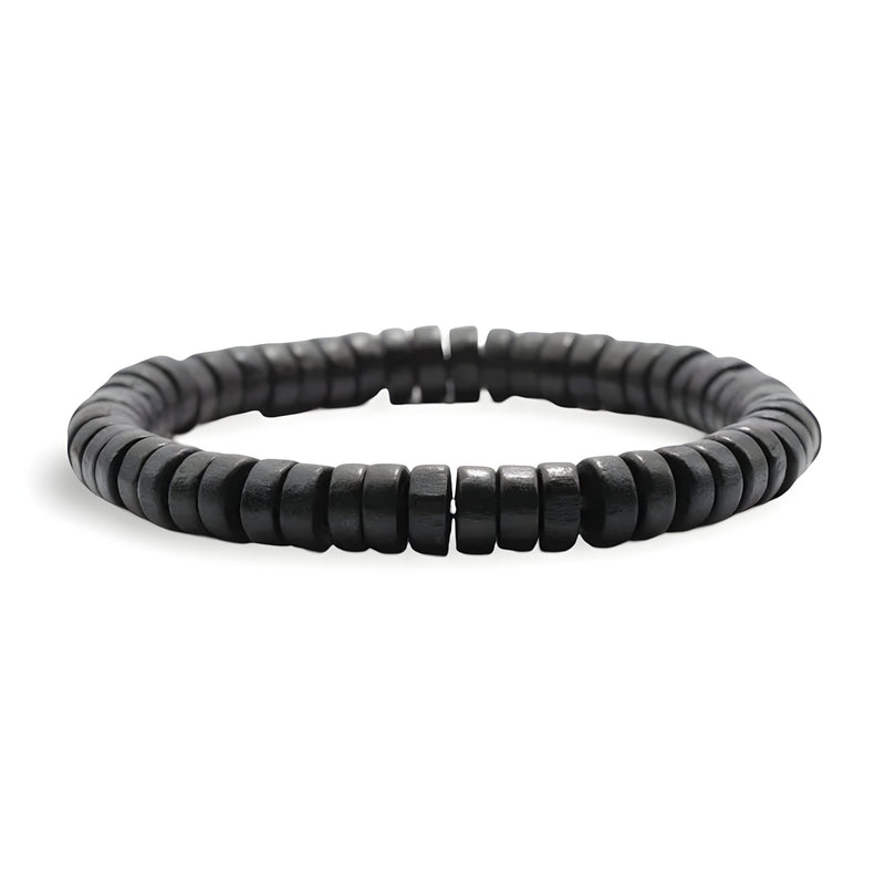 Bracelet homme en perles de bois noires plates style naturel, modèle Bruno.