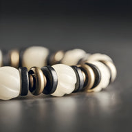 Bracelet femme en perles blanches d'os de yak, bois d’ébène noir et anneaux cuivre, style ethnique.
