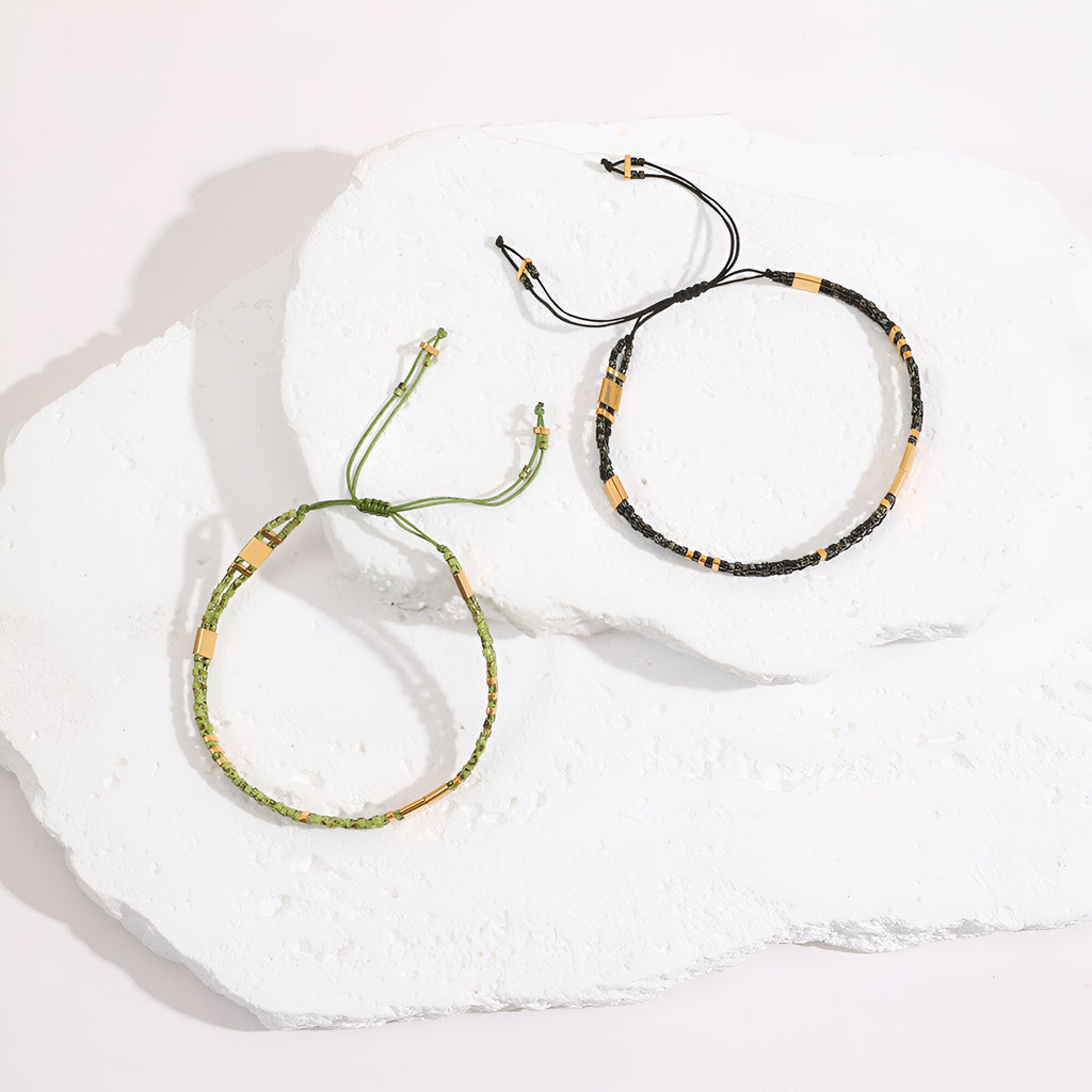 Bracelet double rang en perles noires, beige et or avec fermoir réglable, style Anola, femme  .