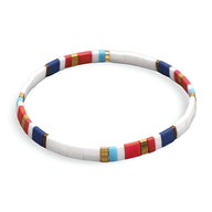 Bracelet femme en perles japonaises blanches, rouges, bleues et dorées, motif géométrique Akari.