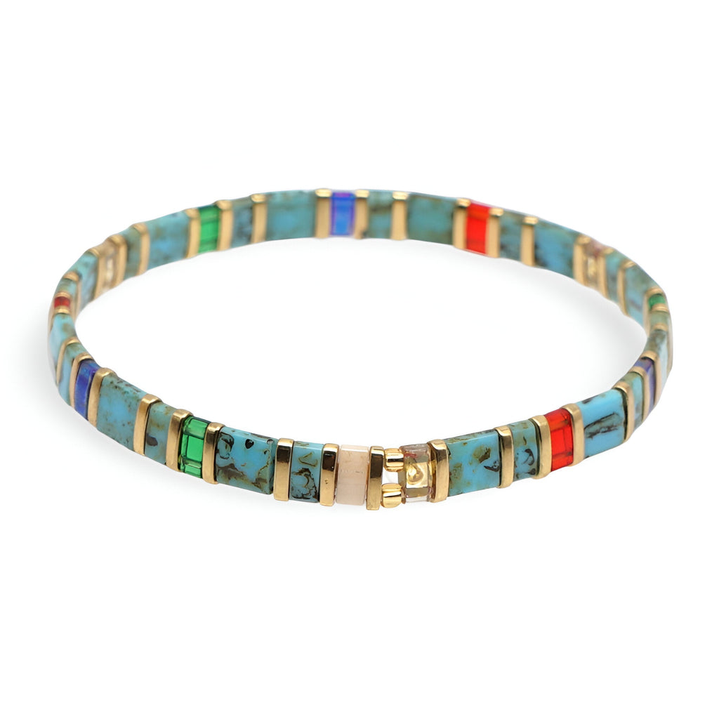 Bracelet femme perles rectangles turquoise, bleu, rouge et doré, modèle Fumiko.