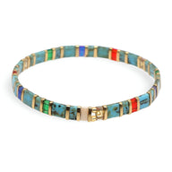 Bracelet femme perles rectangles turquoise, bleu, rouge et doré, modèle Fumiko.