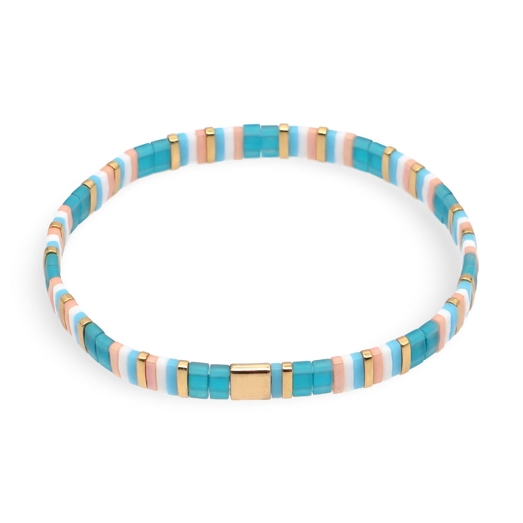 Bracelet femme perles bleues, blanches et dorées en style géométrique Kanna.