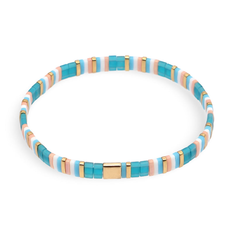 Bracelet femme perles bleues, blanches et dorées en style géométrique Kanna.