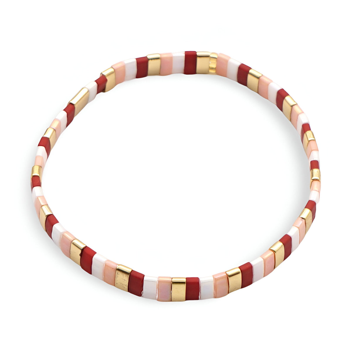 Bracelet féminin en perles plates multicolores rose, rouge et doré style Kasumi.