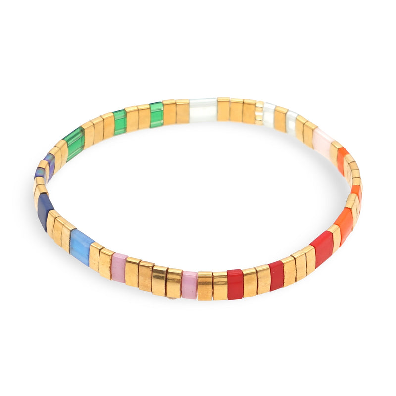 Bracelet femme perles plates multicolores style japonais avec finition dorée.