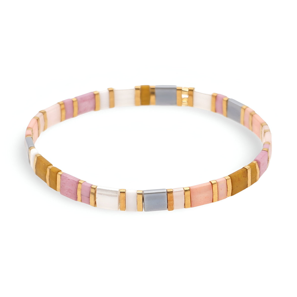 Bracelet pour femme en perles fines roses, blanches, grises et dorées style Maki.