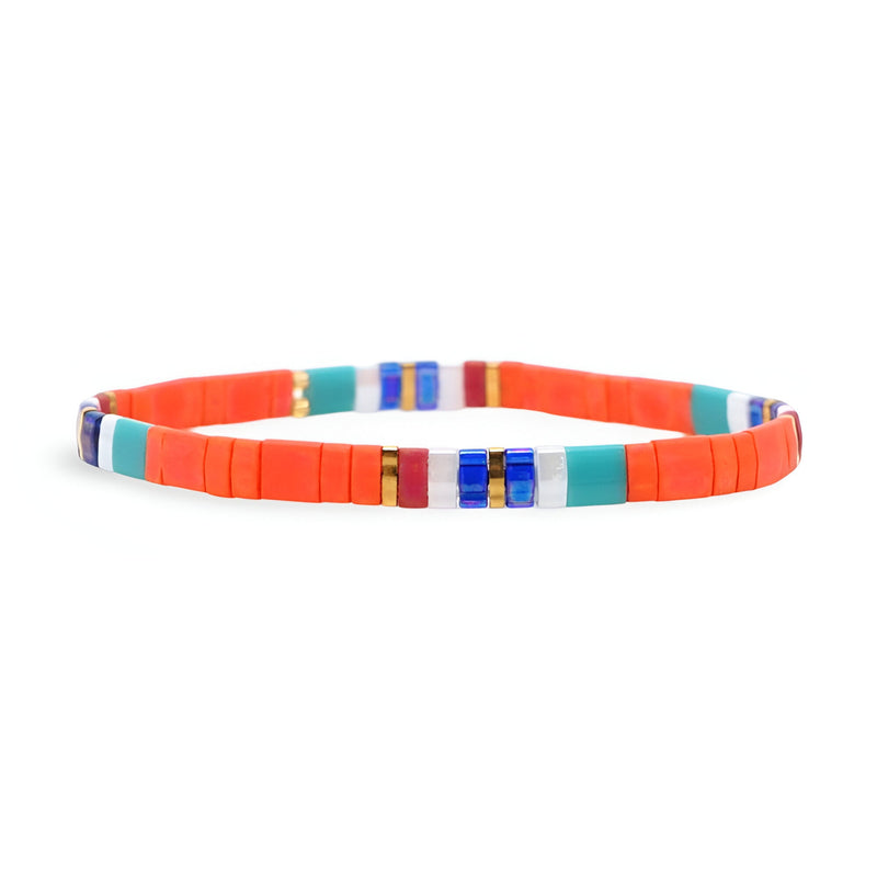 Bracelet femme perles plates multicolores orange, turquoise, bleu et blanc style Mikako.