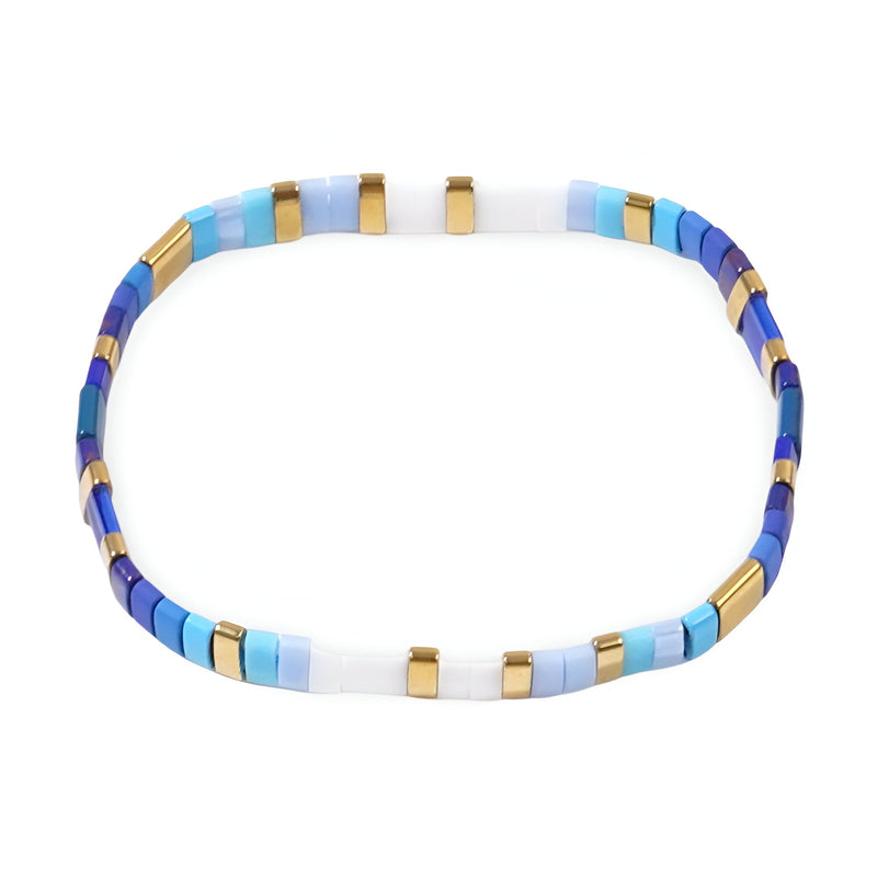 Bracelet femme perles Japon bleu clair bleu foncé blanc et or style Okawo.