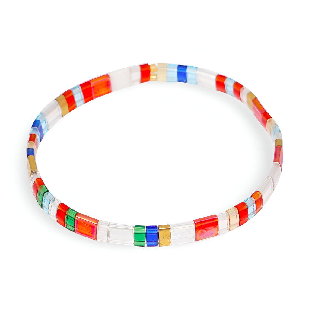 Bracelet femme multicolore en perles japonaises rectangulaires, style Reina, design géométrique lumineux.