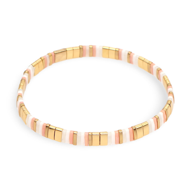 Bracelet femme ligne perles blanches, or rose et or jaune style Tomoe, design élégant.