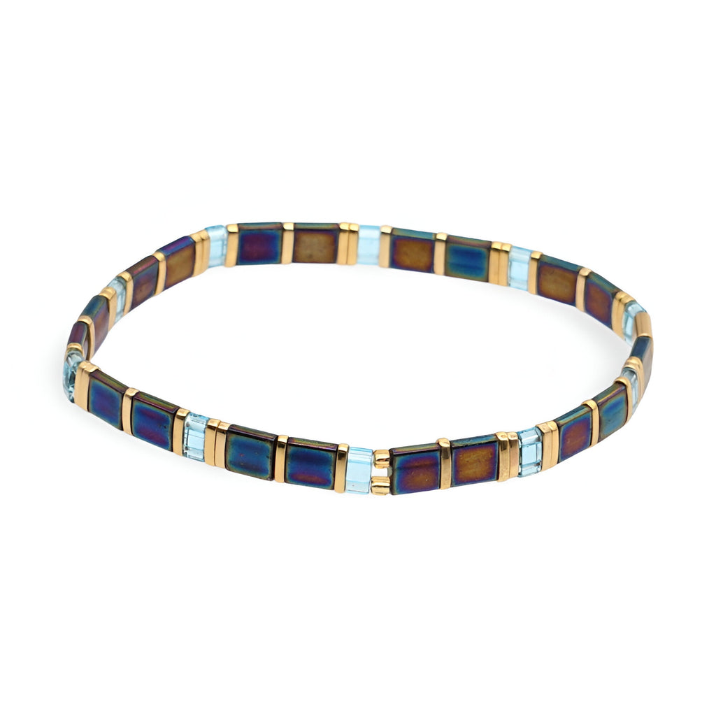 Bracelet femme perles carrées multicolores bleu, marron et blanc, style Tsukasa Japonais.