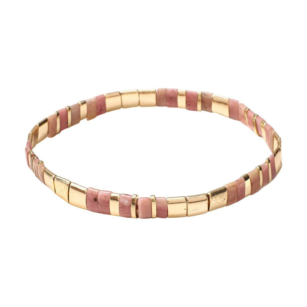 Bracelet souple à enfiler en perles dorées et rouges, style raffiné et lumineux, modèle Wakana.