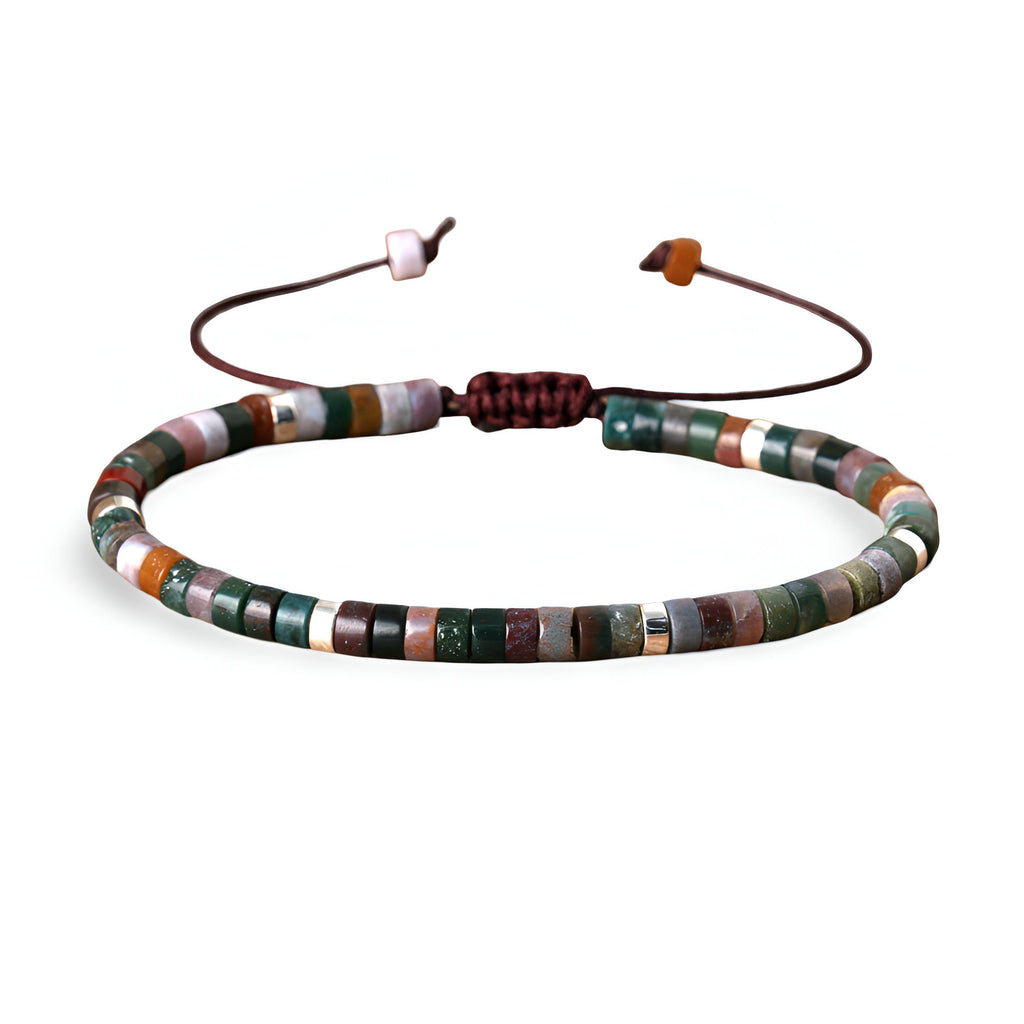 Bracelet mixte en perles heishi multicolores en agate indienne avec fermeture réglable en corde marron.