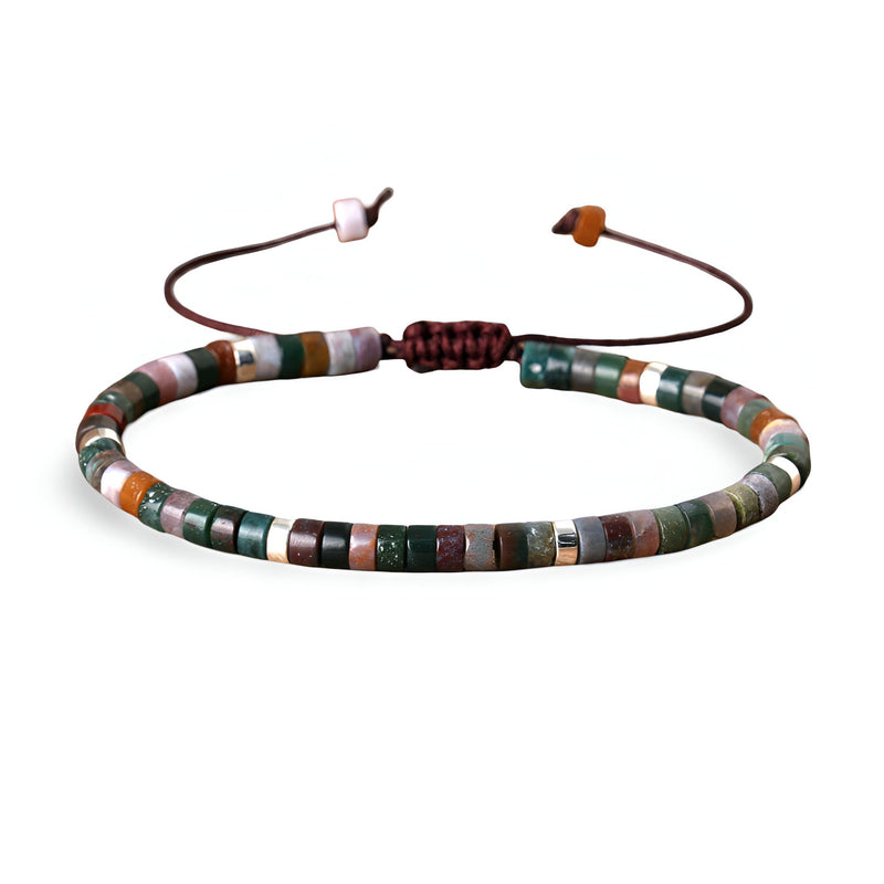 Bracelet mixte en perles heishi multicolores en agate indienne avec fermeture réglable en corde marron.