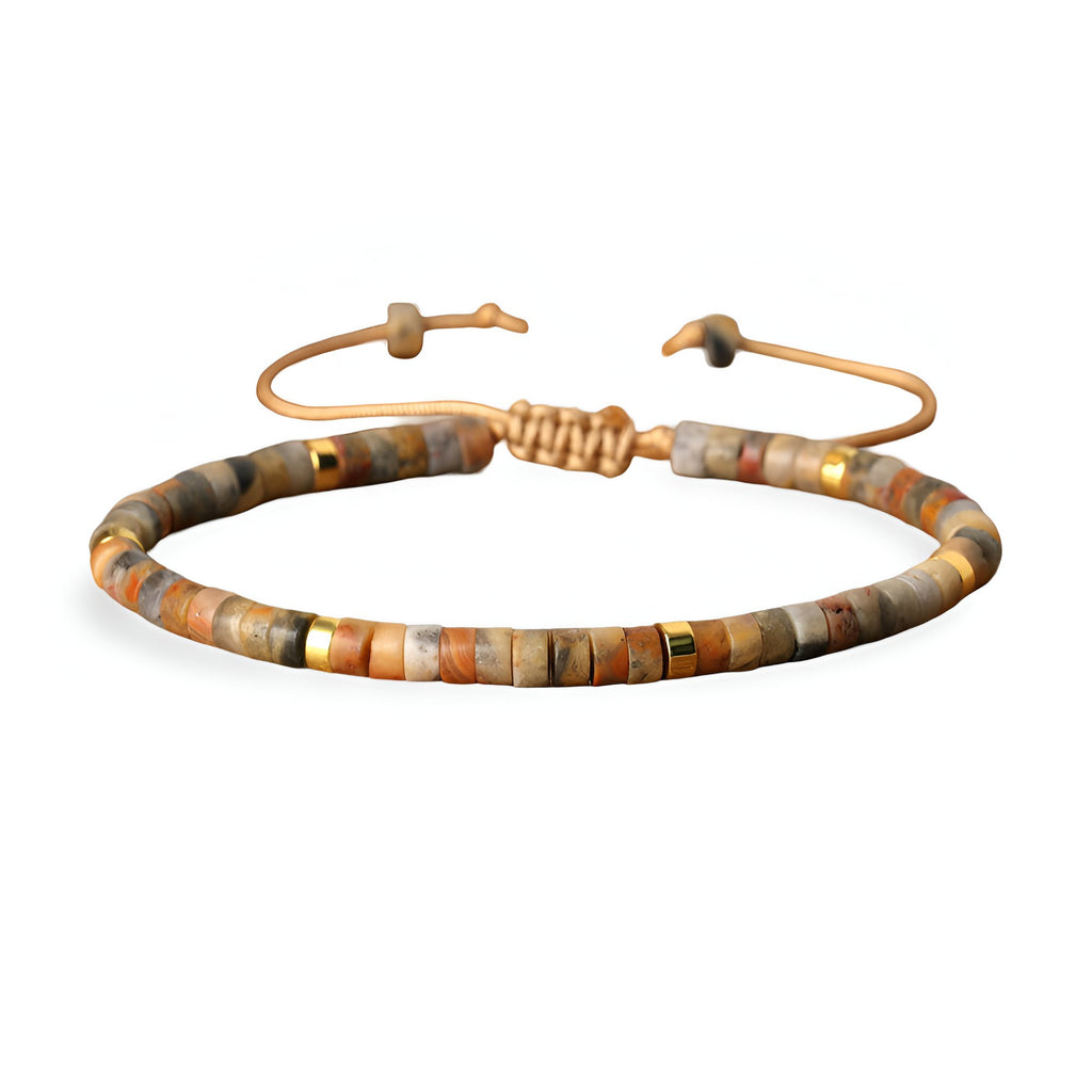 Bracelet mixte en perles heishi multicolores en agate avec fermoir coulissant en corde beige.