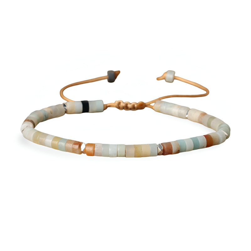 Bracelet mixte perles heishi multicolores en amazonite avec cordon réglable beige.
