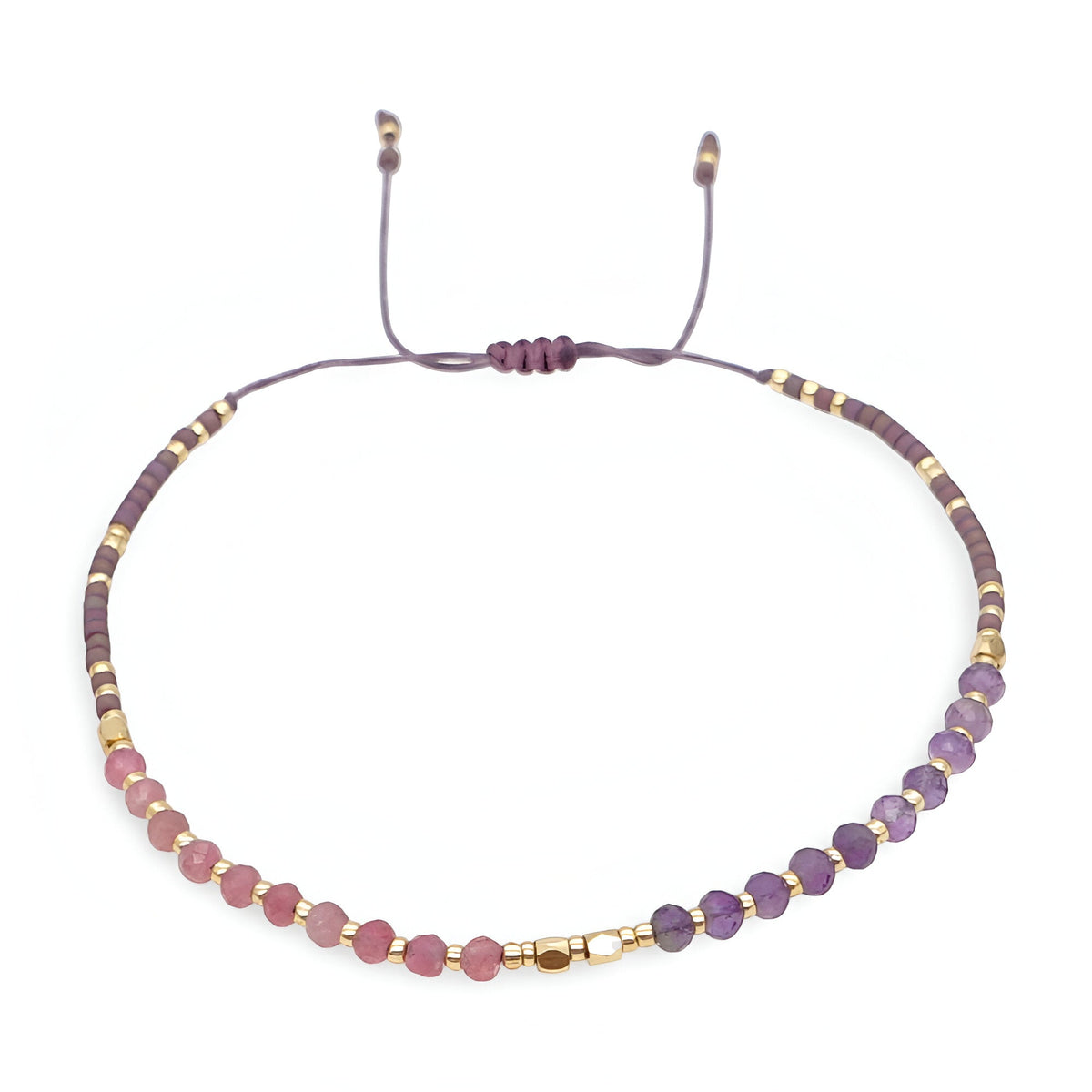 Bracelet femme perles heishi violet dégradé avec cristaux dorés et cordon réglable noir.
