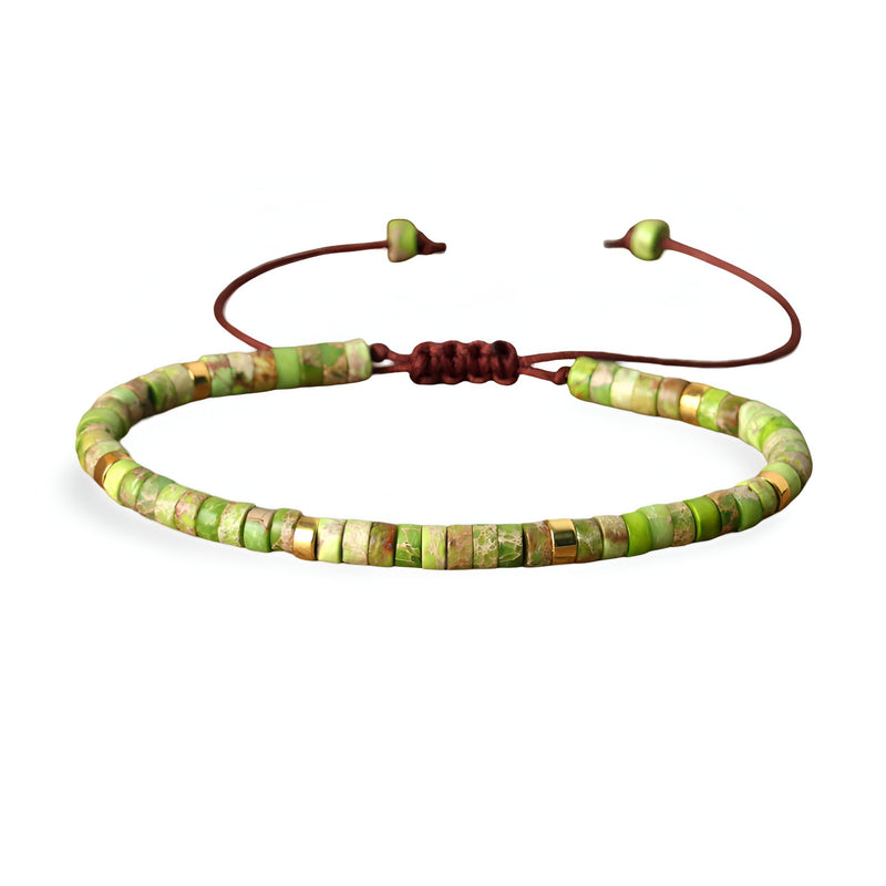 Bracelet mixte en perles heishi jaspe impérial vert avec lien ajustable en cordon marron.