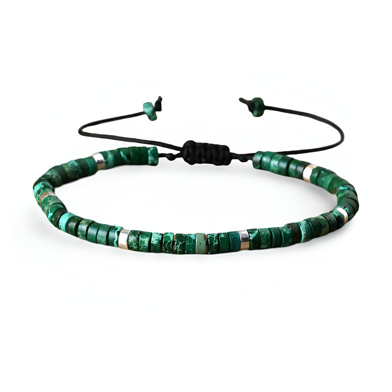 Bracelet mixte en perles heishi jaspe impérial vert avec cordon noir ajustable.