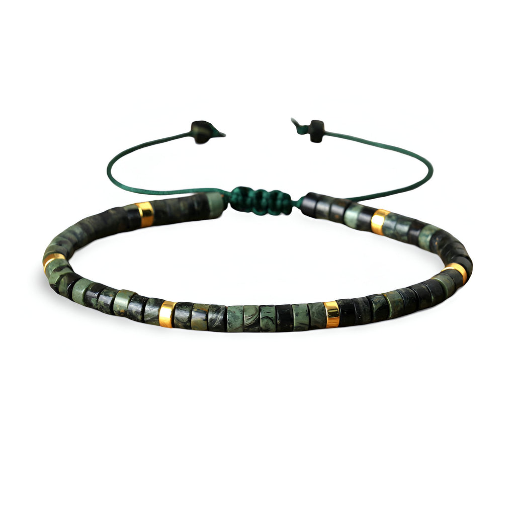 Bracelet mixte en perles heishi jaspe kambaba vert foncé avec détails dorés et cordon réglable.