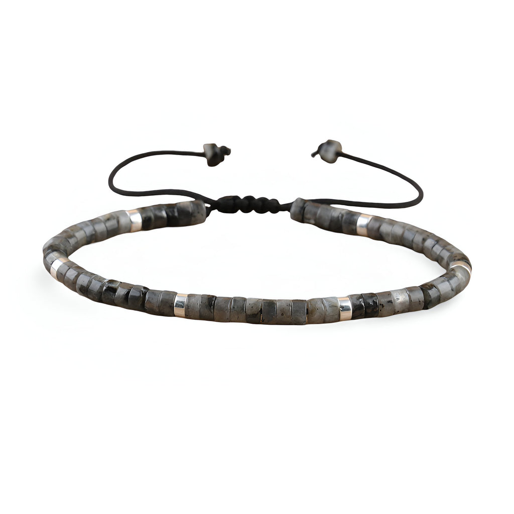 Bracelet mixte perles heishi labradorite noire gris foncé avec fermeture réglable noire.