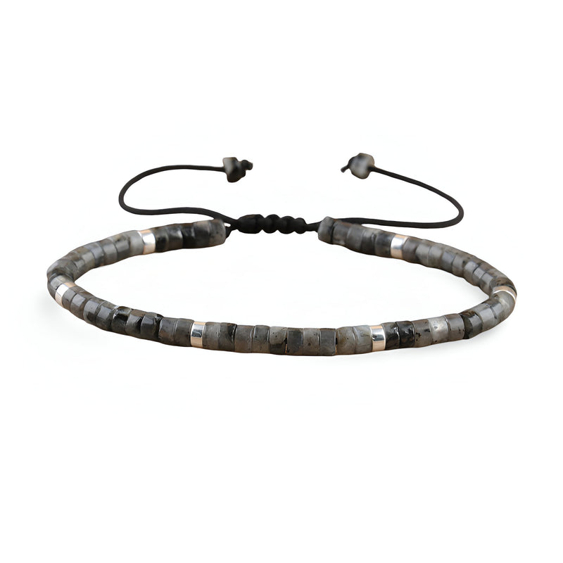 Bracelet mixte perles heishi labradorite noire gris foncé avec fermeture réglable noire.
