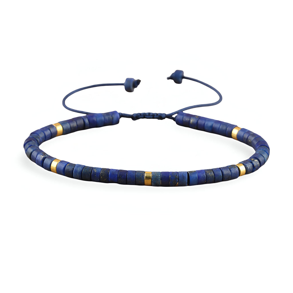 Bracelet mixte perles heishi bleu lapis lazuli avec détail doré ajustable modèle Sayo.