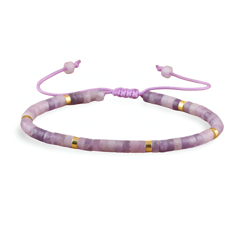 Bracelet ajustable en perles heishi violet et or, modèle Reiko, style mixte.