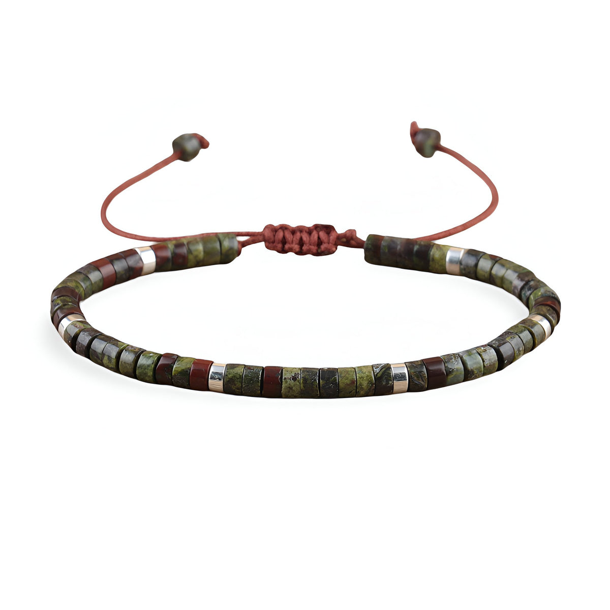 Bracelet mixte en perles heishi kaki en pierre de sang avec fermeture coulissante en cordon rouge.