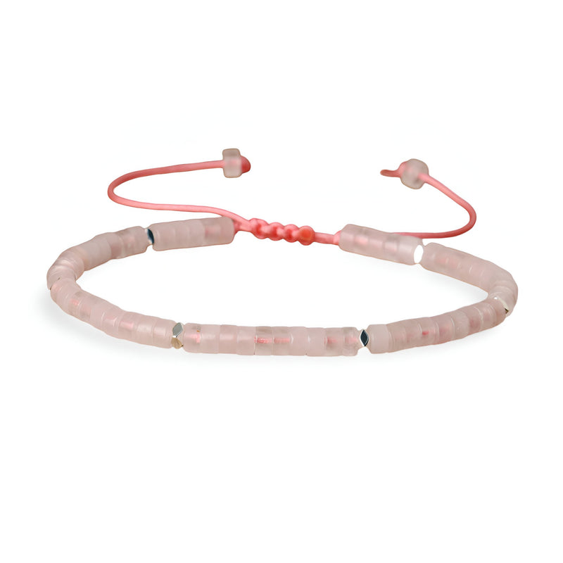 Bracelet mixte en perles heishi et quartz rose avec cordon coulissant rose vif.