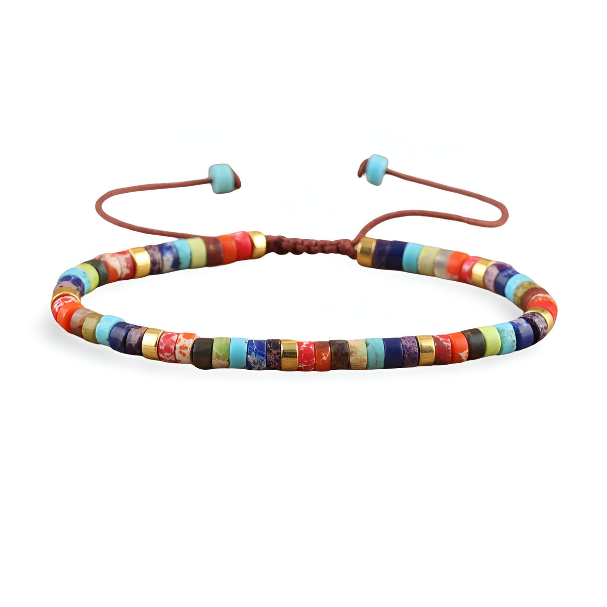 Bracelet heishi multicolore en pierres fines rondes, monté sur ficelle ajustable marron.