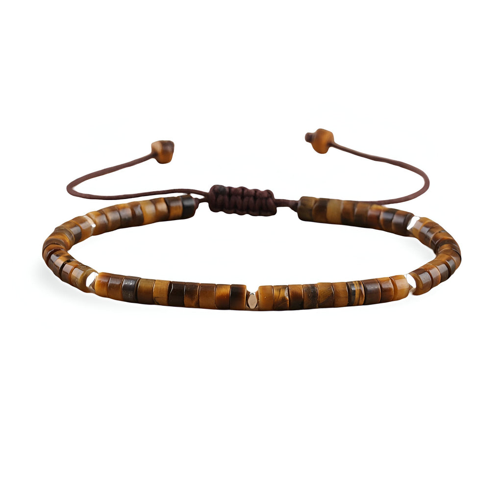 Bracelet mixte en perles heishi marron et œil de tigre avec cordon ajustable en macramé.