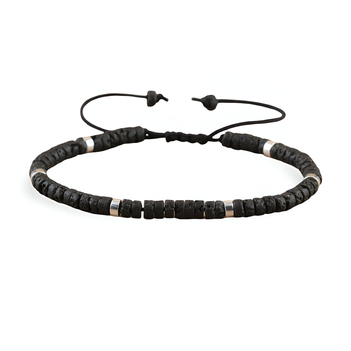Bracelet mixte en perles heishi noires et pierre volcanique avec lien réglable.