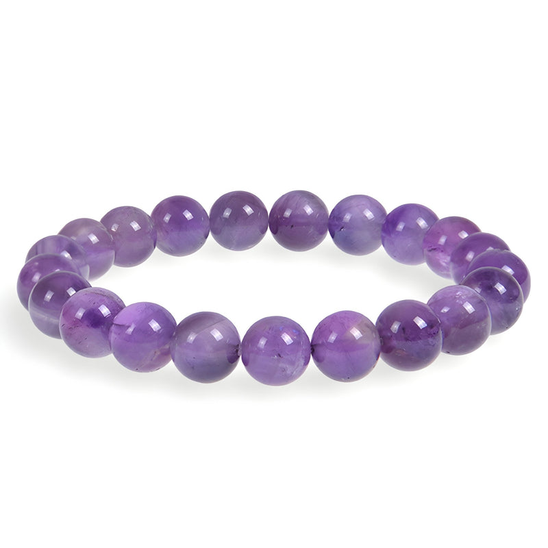 Bracelet élastique perles rondes naturelles en améthyste violet translucide pour femme.